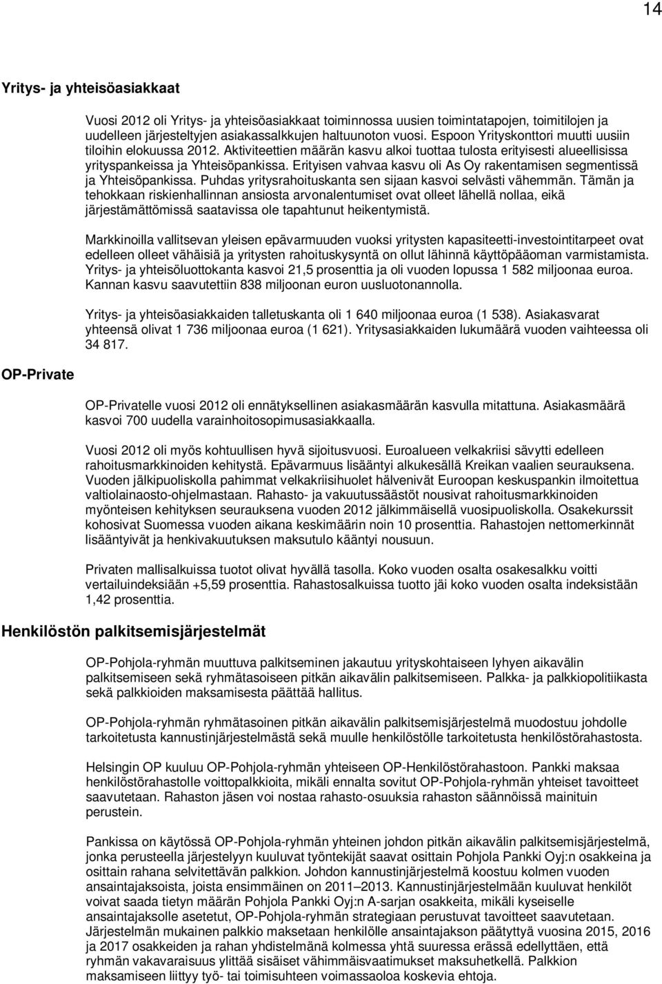 Erityisen vahvaa kasvu oli As Oy rakentamisen segmentissä ja Yhteisöpankissa. Puhdas yritysrahoituskanta sen sijaan kasvoi selvästi vähemmän.