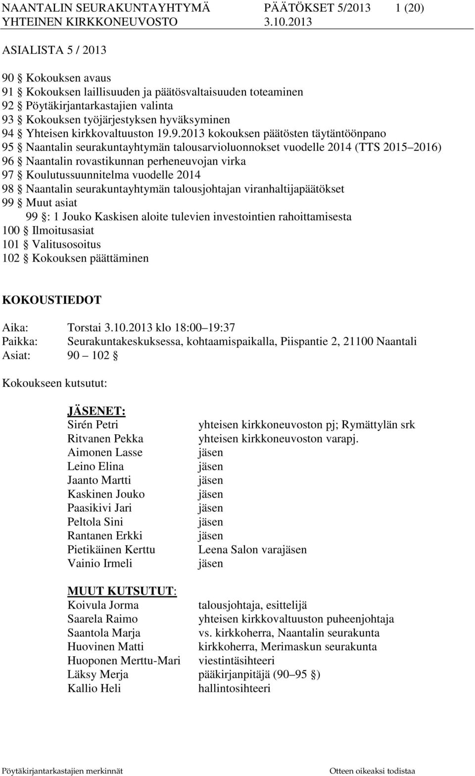 Yhteisen kirkkovaltuuston 19.