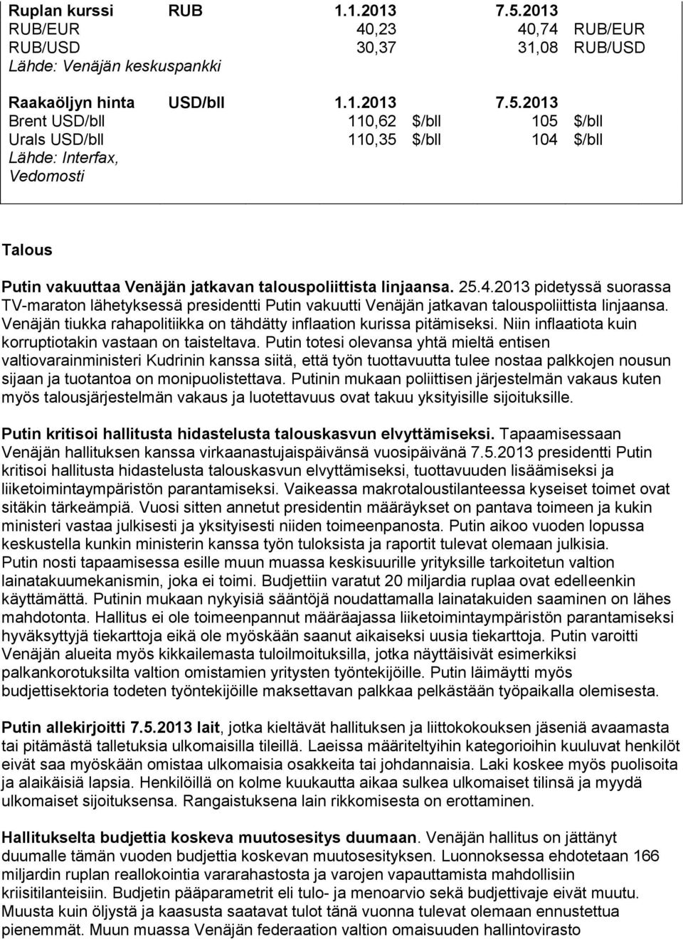 2013 Brent USD/bll 110,62 $/bll 105 $/bll Urals USD/bll 110,35 $/bll 104 $/bll Lähde: Interfax, Vedomosti Talous Putin vakuuttaa Venäjän jatkavan talouspoliittista linjaansa. 25.4.2013 pidetyssä suorassa TV-maraton lähetyksessä presidentti Putin vakuutti Venäjän jatkavan talouspoliittista linjaansa.