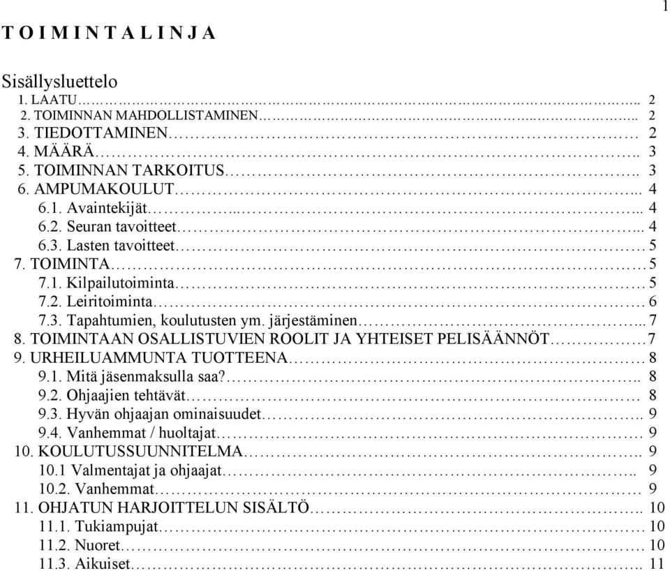 TOIMINTAAN OSALLISTUVIEN ROOLIT JA YHTEISET PELISÄÄNNÖT 7 9. URHEILUAMMUNTA TUOTTEENA 8 9.1. Mitä jäsenmaksulla saa?.. 8 9.2. Ohjaajien tehtävät 8 9.3. Hyvän ohjaajan ominaisuudet.. 9 9.4.