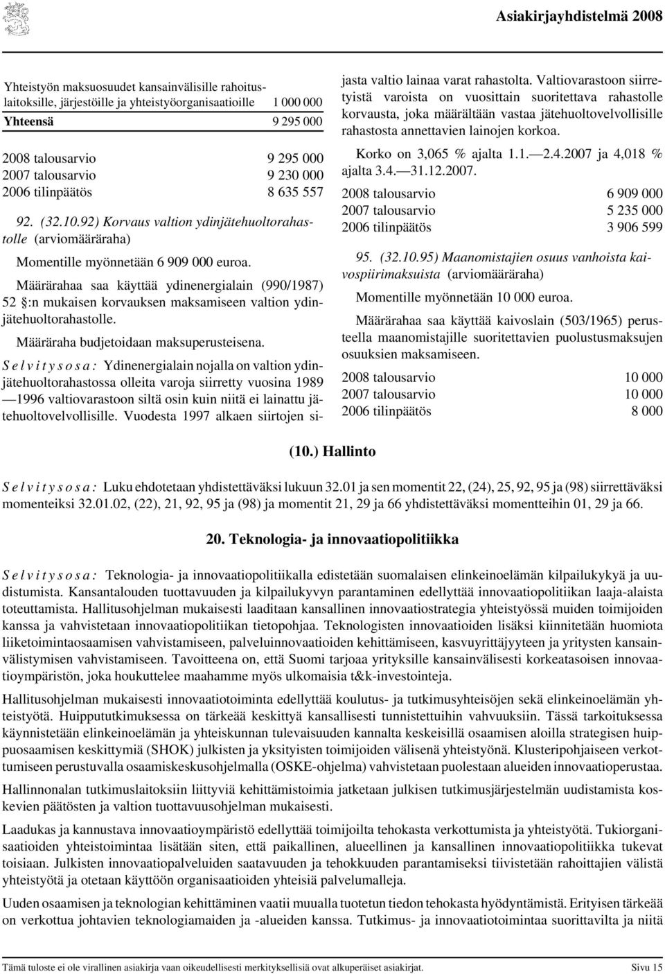 Määrärahaa saa käyttää ydinenergialain (990/1987) 52 :n mukaisen korvauksen maksamiseen valtion ydinjätehuoltorahastolle. Määräraha budjetoidaan maksuperusteisena.
