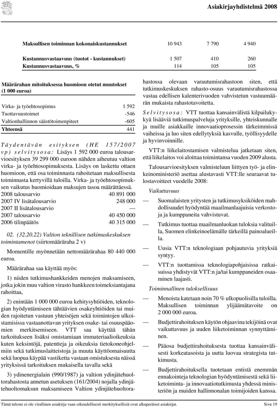 s e l v i t y s o s a : Lisäys 1 592 000 euroa talousarvioesityksen 39 299 000 euroon nähden aiheutuu valtion virka- ja työehtosopimuksesta.
