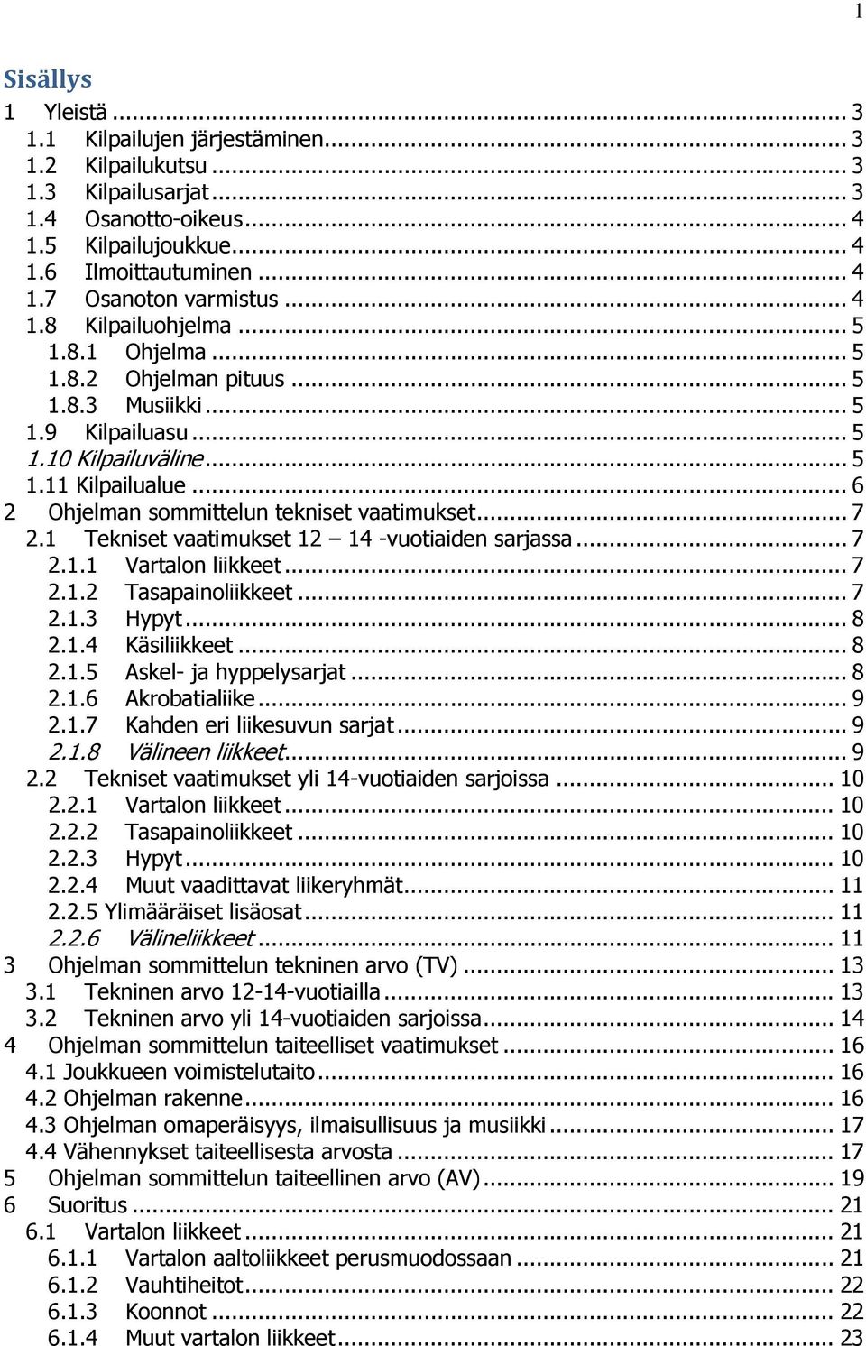 .. 6 2 Ohjelman sommittelun tekniset vaatimukset... 7 2.1 Tekniset vaatimukset 12 14 -vuotiaiden sarjassa... 7 2.1.1 Vartalon liikkeet... 7 2.1.2 Tasapainoliikkeet... 7 2.1.3 Hypyt... 8 2.1.4 Käsiliikkeet.