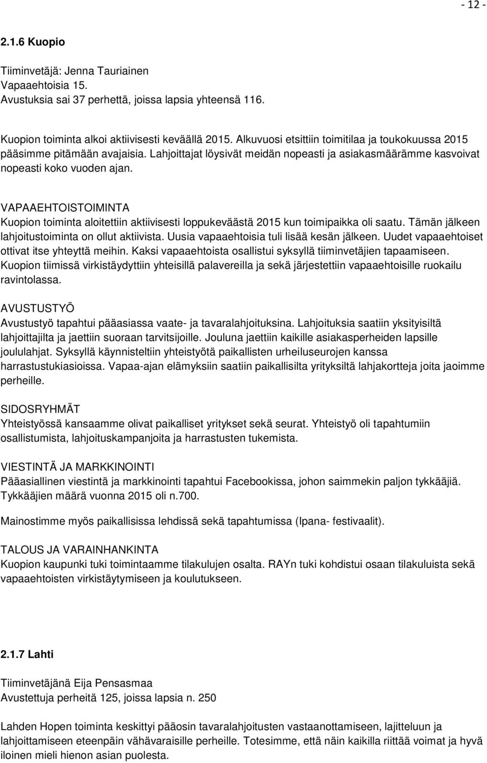 VAPAAEHTOISTOIMINTA Kuopion toiminta aloitettiin aktiivisesti loppukeväästä 2015 kun toimipaikka oli saatu. Tämän jälkeen lahjoitustoiminta on ollut aktiivista.