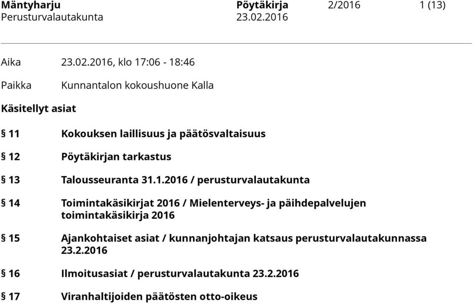 Pöytäkirjan tarkastus 13