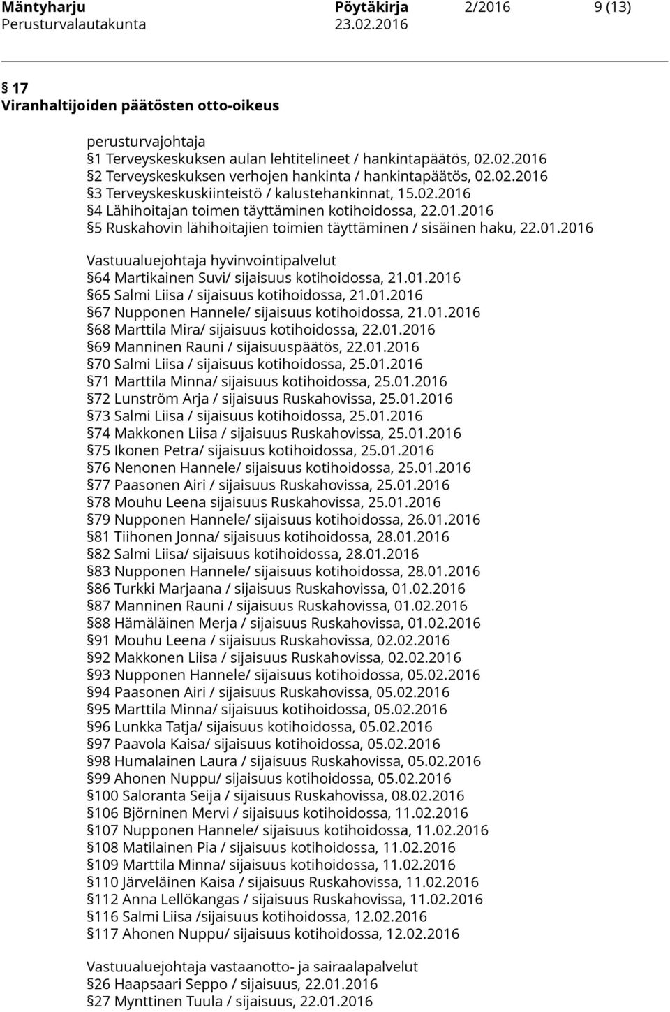 01.2016 Vastuualuejohtaja hyvinvointipalvelut 64 Martikainen Suvi/ sijaisuus kotihoidossa, 21.01.2016 65 Salmi Liisa / sijaisuus kotihoidossa, 21.01.2016 67 Nupponen Hannele/ sijaisuus kotihoidossa, 21.