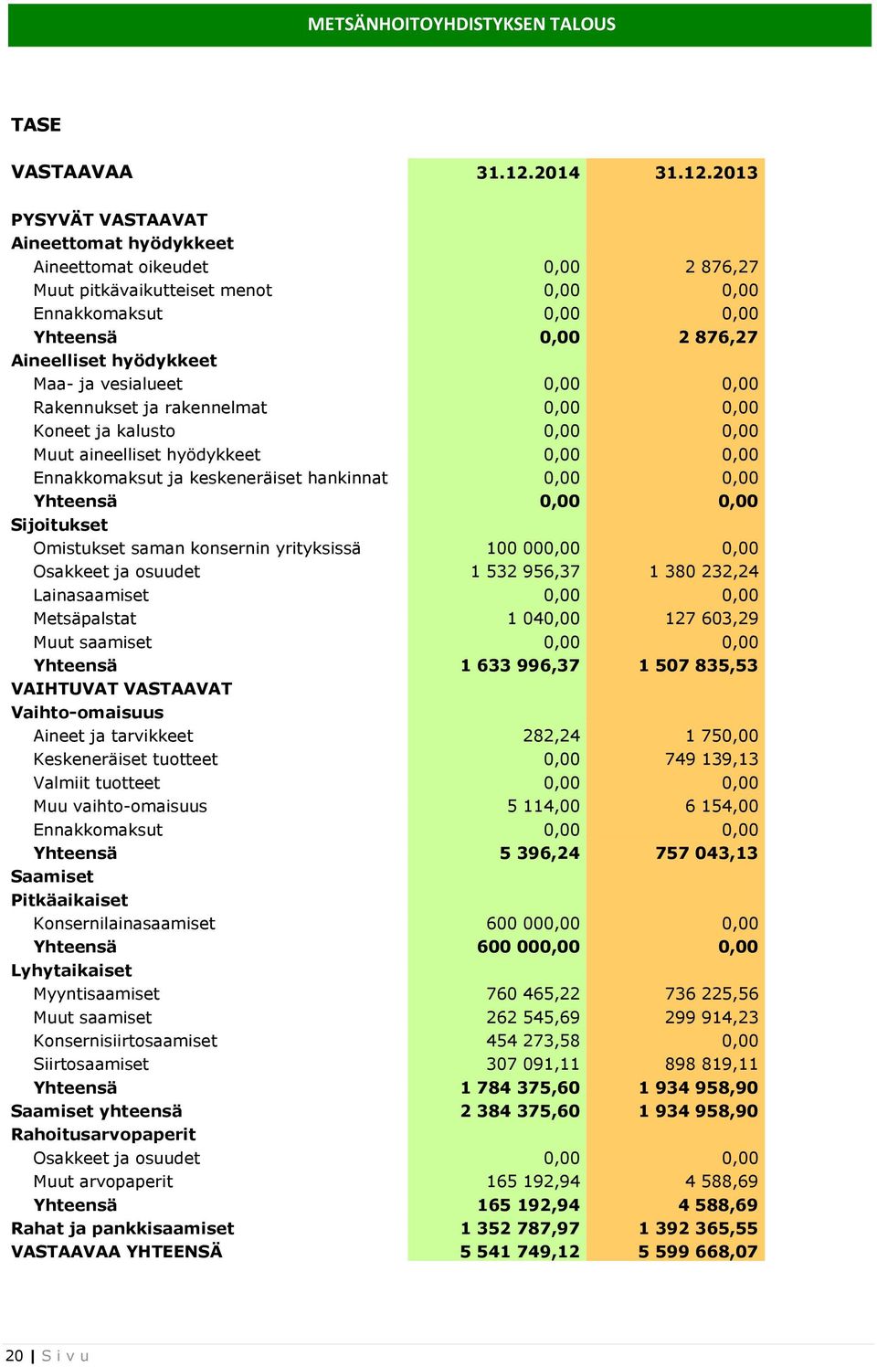 2013 PYSYVÄT VASTAAVAT Aineettomat hyödykkeet Aineettomat oikeudet 0,00 2 876,27 Muut pitkävaikutteiset menot 0,00 0,00 Ennakkomaksut 0,00 0,00 Yhteensä 0,00 2 876,27 Aineelliset hyödykkeet Maa- ja