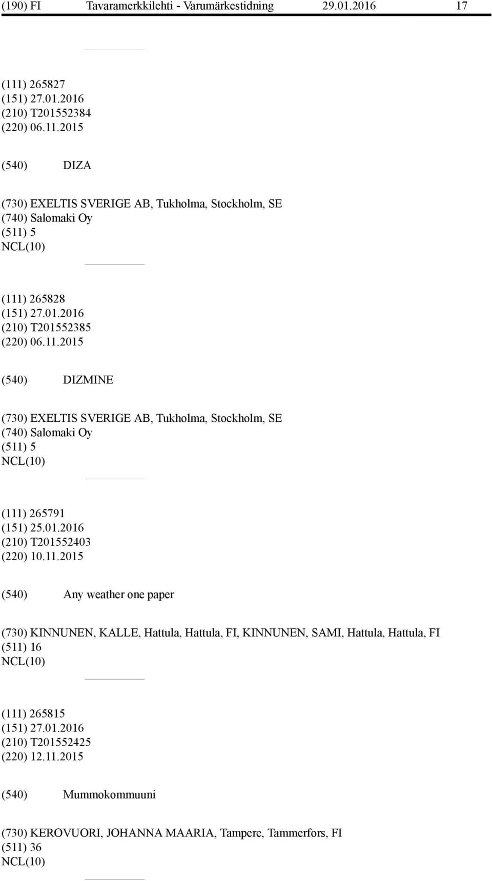 11.2015 Any weather one paper (730) KINNUNEN, KALLE, Hattula, Hattula, FI, KINNUNEN, SAMI, Hattula, Hattula, FI (511) 16 (111) 265815 (151) 27.01.2016 (210) T201552425 (220) 12.