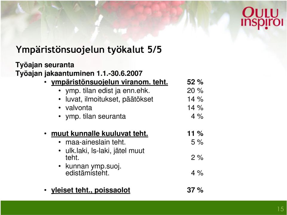 20 % luvat, ilmoitukset, päätökset 14 % valvonta 14 % ymp.