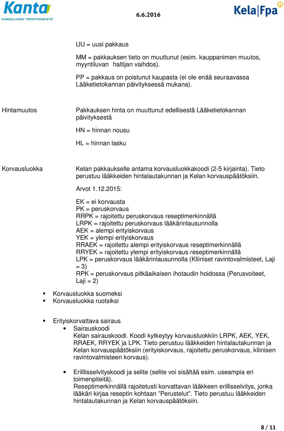 Hintamuutos Pakkauksen hinta on muuttunut edellisestä Lääketietokannan päivityksestä HN = hinnan nousu HL = hinnan lasku Korvausluokka Kelan pakkaukselle antama korvausluokkakoodi (2-5 kirjainta).