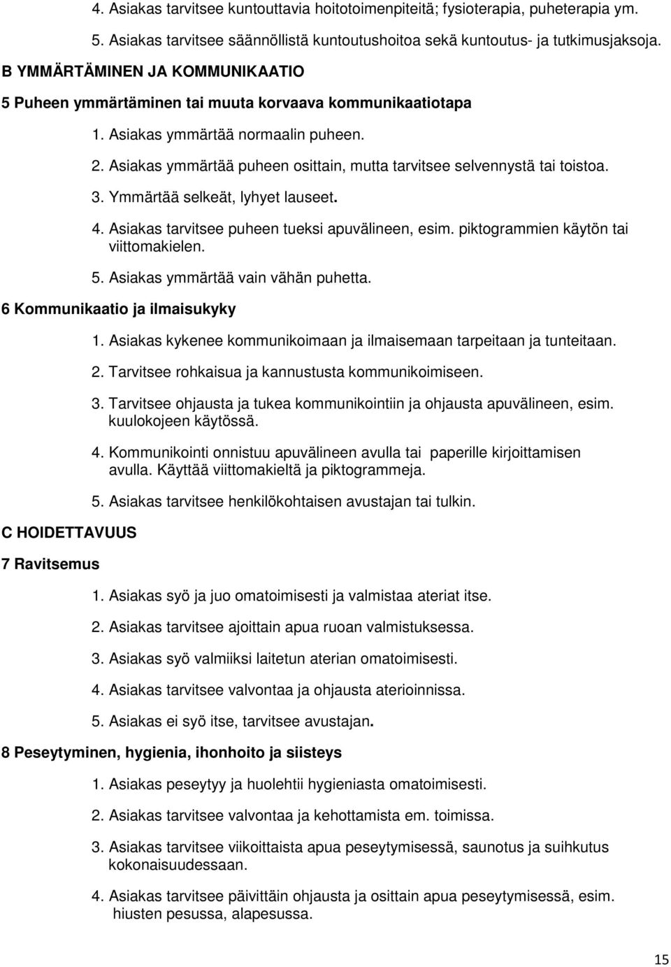 Asiakas ymmärtää puheen osittain, mutta tarvitsee selvennystä tai toistoa. 3. Ymmärtää selkeät, lyhyet lauseet. 4. Asiakas tarvitsee puheen tueksi apuvälineen, esim.