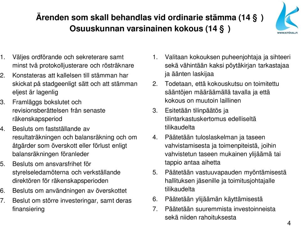 Besluts om fastställande av resultaträkningen och balansräkning och om åtgärder som överskott eller förlust enligt balansräkningen föranleder 5.