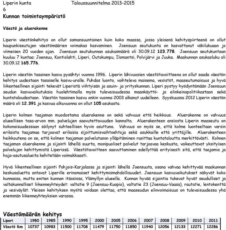 Joensuun seutukuntaan kuuluu 7 kuntaa: Joensuu, Kontiolahti, Liperi, Outokumpu, Ilomantsi, Polvijärvi ja Juuka. Maakunnan asukasluku oli 30.09.2 65.776.