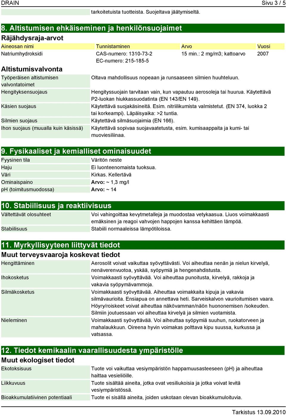 : 2 mg/m3; kattoarvo 2007 EC-numero: 215-185-5 Altistumisvalvonta Työperäisen altistumisen Oltava mahdollisuus nopeaan ja runsaaseen silmien huuhteluun.