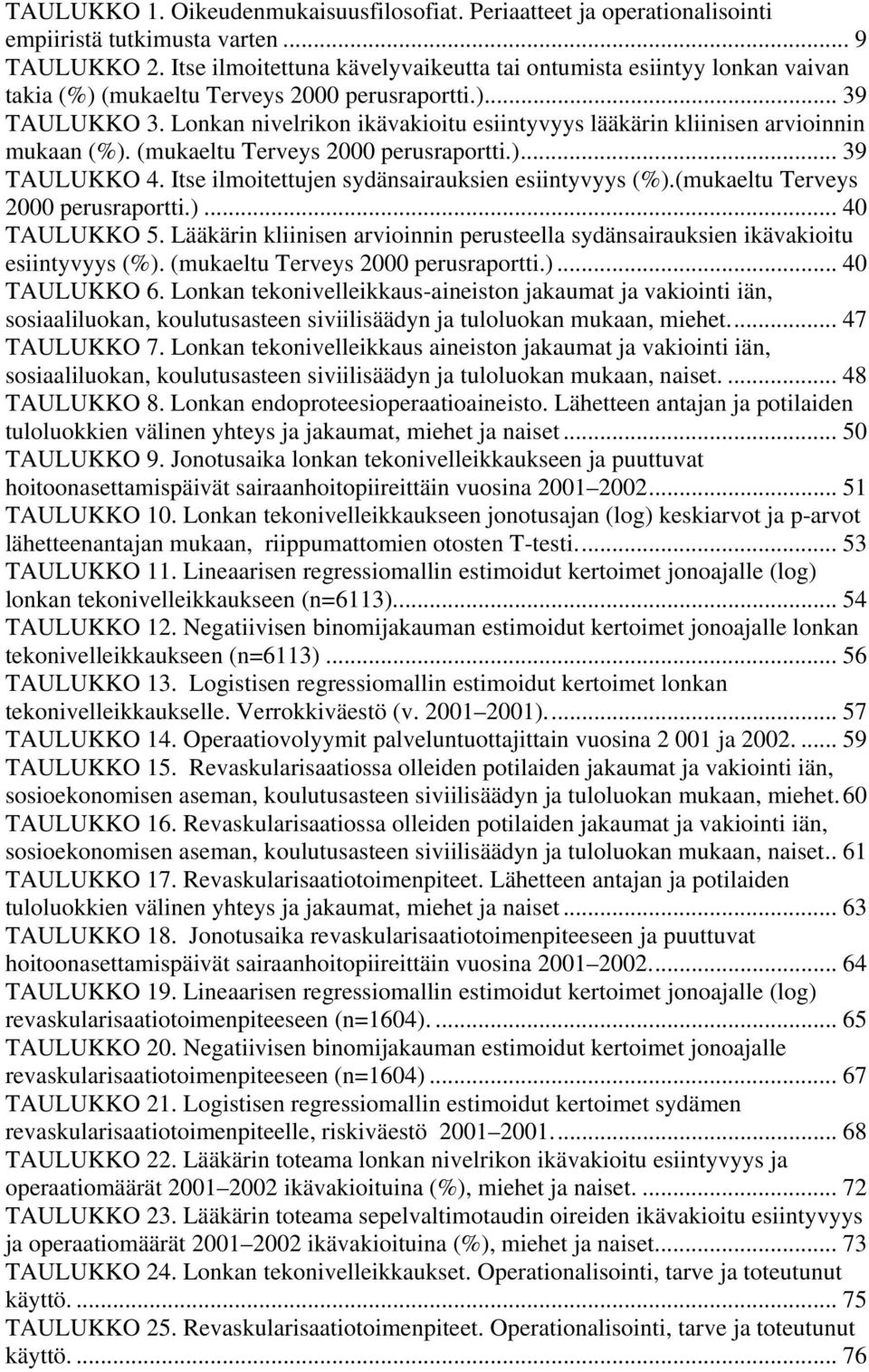 Lonkan nivelrikon ikävakioitu esiintyvyys lääkärin kliinisen arvioinnin mukaan (%). (mukaeltu Terveys 2000 perusraportti.)... 39 TAULUKKO 4. Itse ilmoitettujen sydänsairauksien esiintyvyys (%).