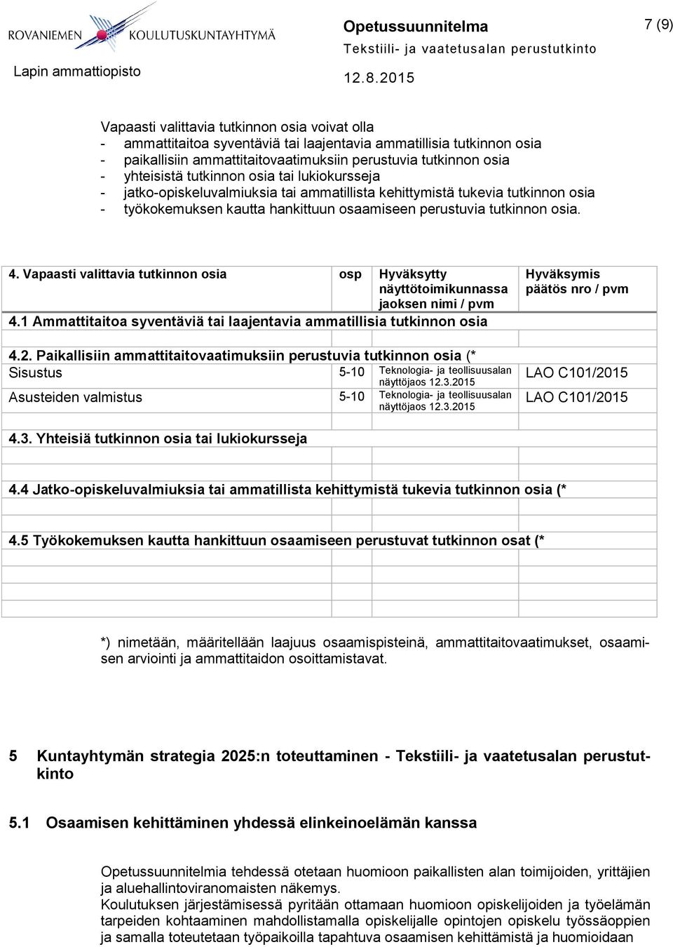 tutkinnon osia. 4. Vapaasti valittavia tutkinnon osia osp Hyväksytty näyttötoimikunnassa jaoksen nimi / pvm 4.1 Ammattitaitoa syventäviä tai laajentavia ammatillisia tutkinnon osia 4.2.