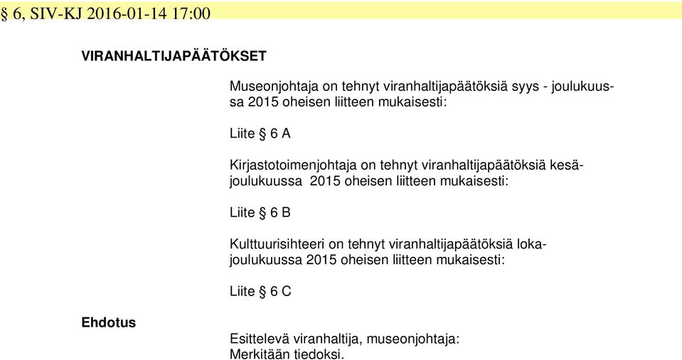 kesäjoulukuussa 2015 oheisen liitteen mukaisesti: Liite 6 B Kulttuurisihteeri on tehnyt viranhaltijapäätöksiä