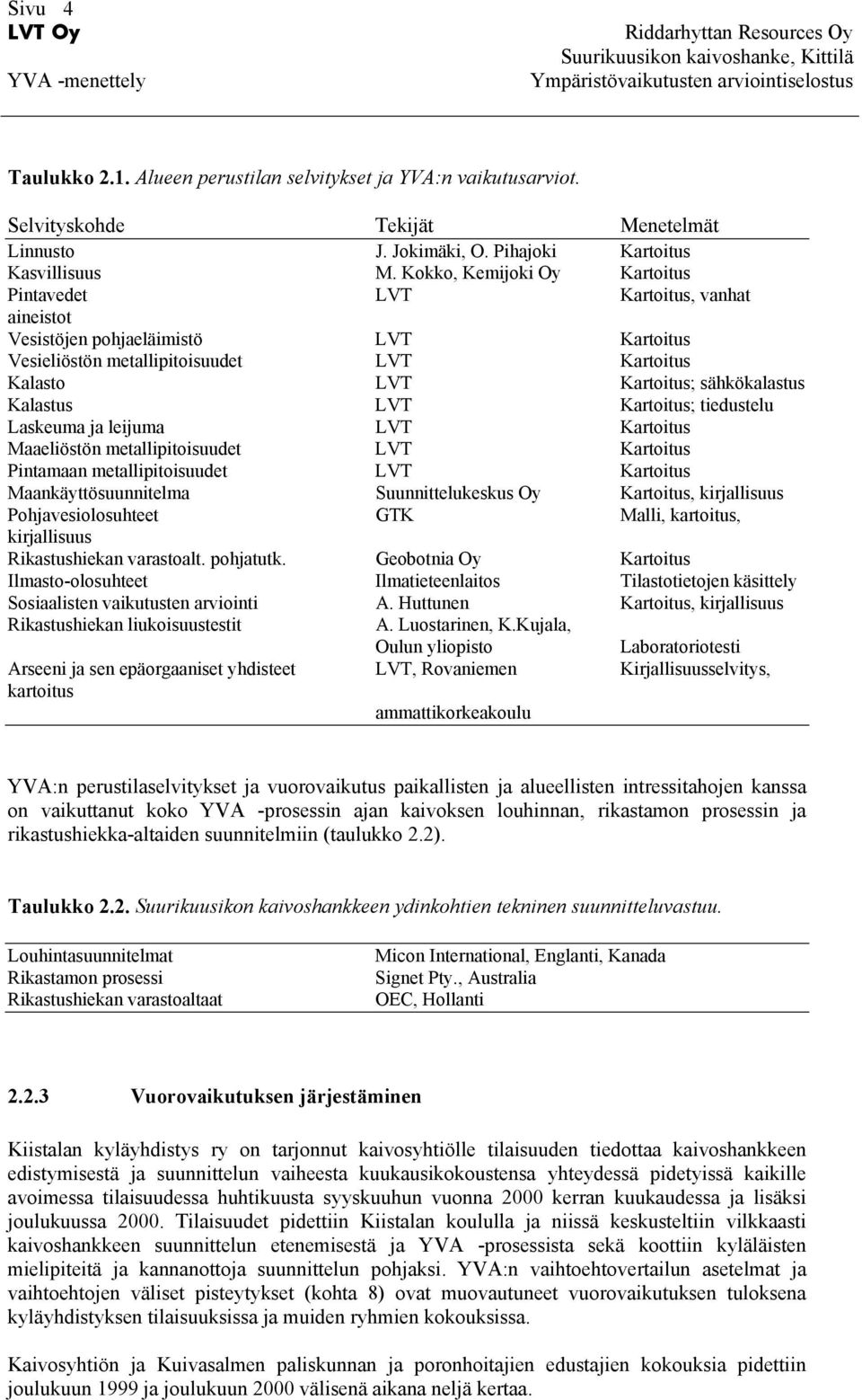 Kalastus LVT Kartoitus; tiedustelu Laskeuma ja leijuma LVT Kartoitus Maaeliöstön metallipitoisuudet LVT Kartoitus Pintamaan metallipitoisuudet LVT Kartoitus Maankäyttösuunnitelma Suunnittelukeskus Oy