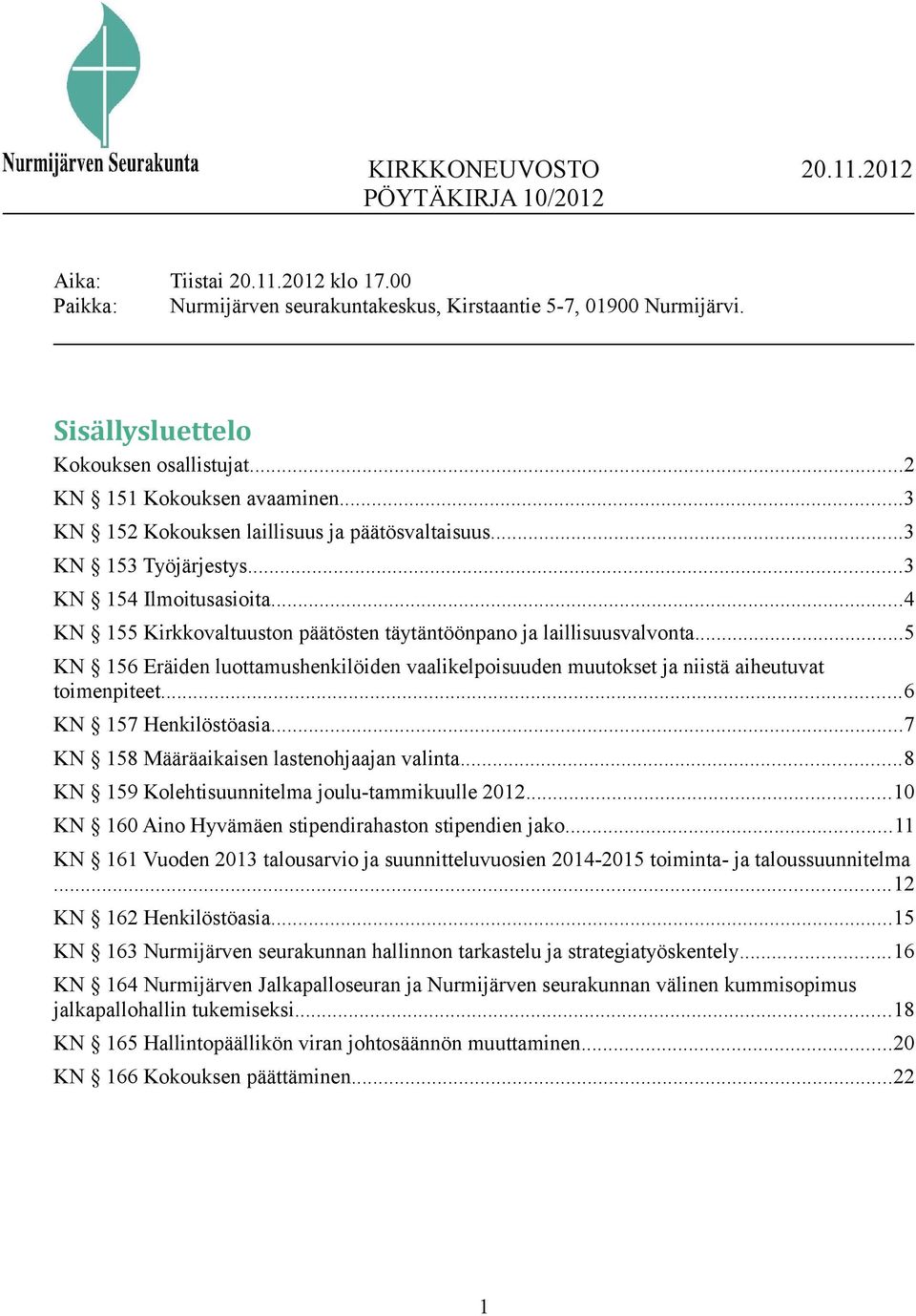 ..5 KN 156 Eräiden luottamushenkilöiden vaalikelpoisuuden muutokset ja niistä aiheutuvat toimenpiteet...6 KN 157 Henkilöstöasia...7 KN 158 Määräaikaisen lastenohjaajan valinta.