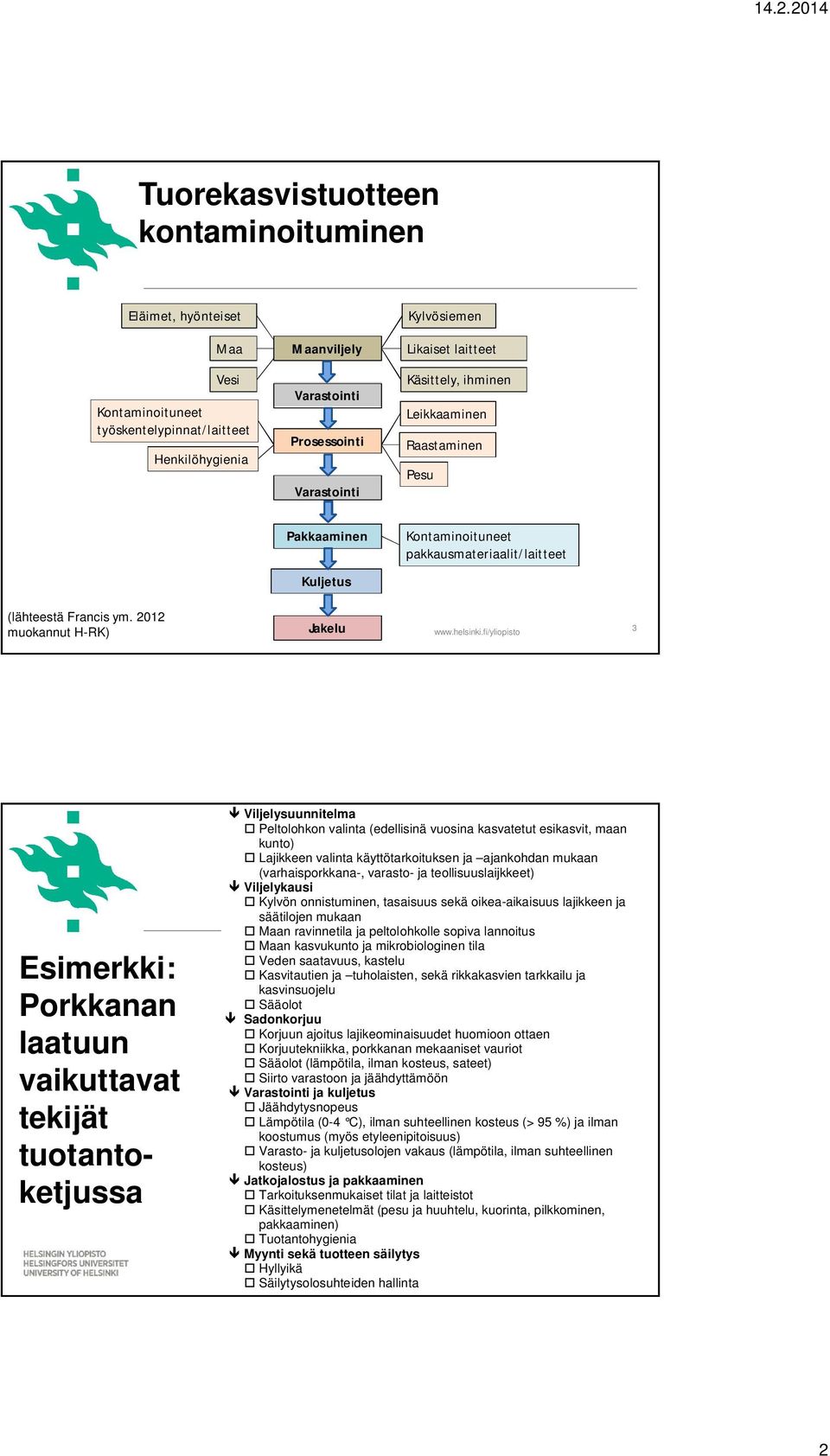 2012 muokannut H-RK) Jakelu 3 Esimerkki: Porkkanan laatuun vaikuttavat tekijät tuotantoketjussa Viljelysuunnitelma Peltolohkon valinta (edellisinä vuosina kasvatetut esikasvit, maan kunto) Lajikkeen