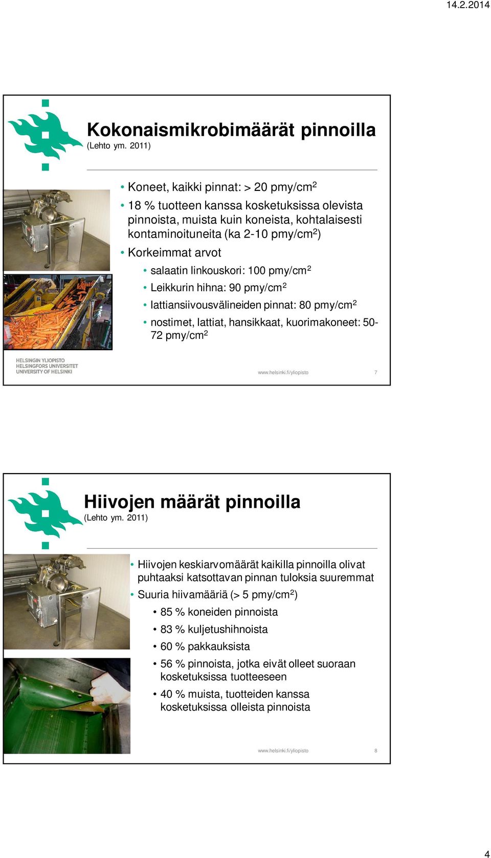 salaatin linkouskori: 100 pmy/cm 2 Leikkurin hihna: 90 pmy/cm 2 lattiansiivousvälineiden pinnat: 80 pmy/cm 2 nostimet, lattiat, hansikkaat, kuorimakoneet: 50-72 pmy/cm 2 7 Hiivojen määrät