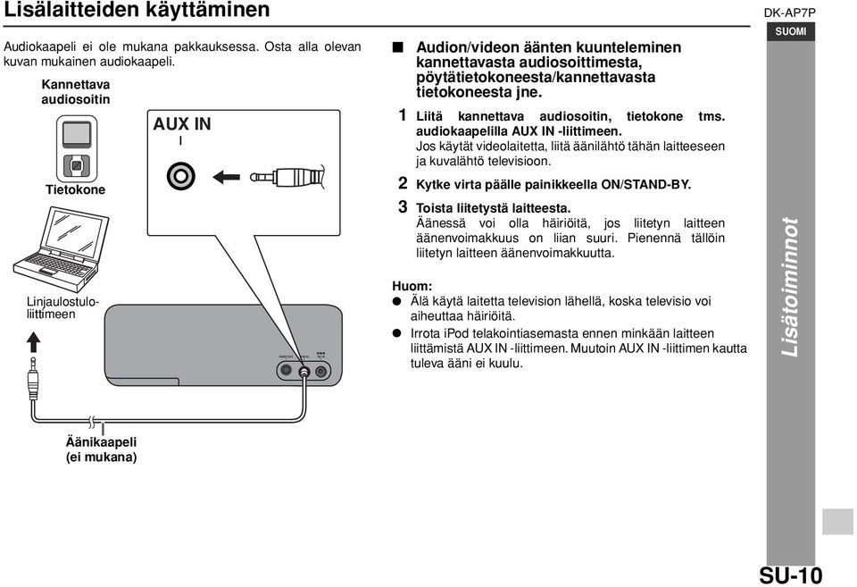 1 Liitä kannettava audiosoitin, tietokone tms. audiokaapelilla AUX IN -liittimeen. Jos käytät videolaitetta, liitä äänilähtö tähän laitteeseen ja kuvalähtö televisioon.