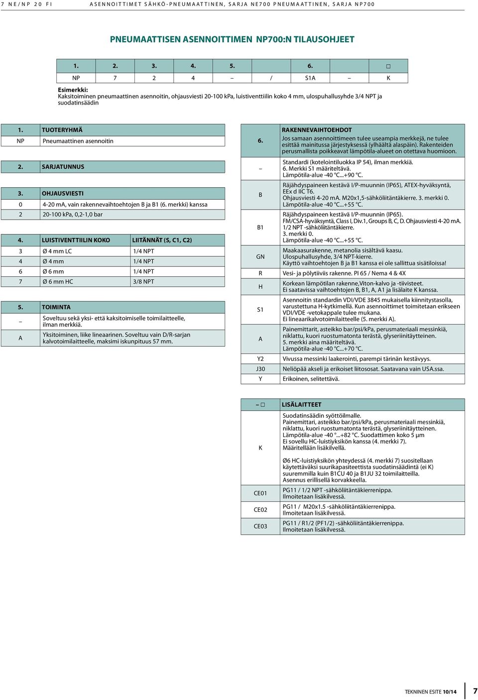 TUOTERYHMÄ NP Pneumaattinen asennoitin 2. ARJATUNNU 3. OHJAUVIETI 0 4-20 ma, vain rakennevaihtoehtojen B ja B1 (6. merkki) kanssa 2 20-100 kpa, 0,2-1,0 bar 4.