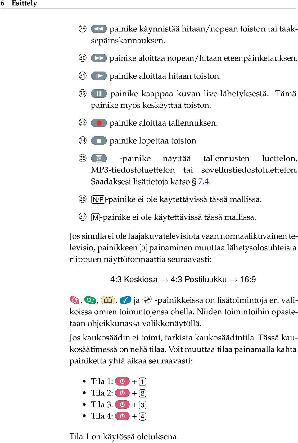 35 -painike näyttää tallennusten luettelon, MP3-tiedostoluettelon tai sovellustiedostoluettelon. Saadaksesi lisätietoja katso 7.4. 36 N/P -painike ei ole käytettävissä tässä mallissa.