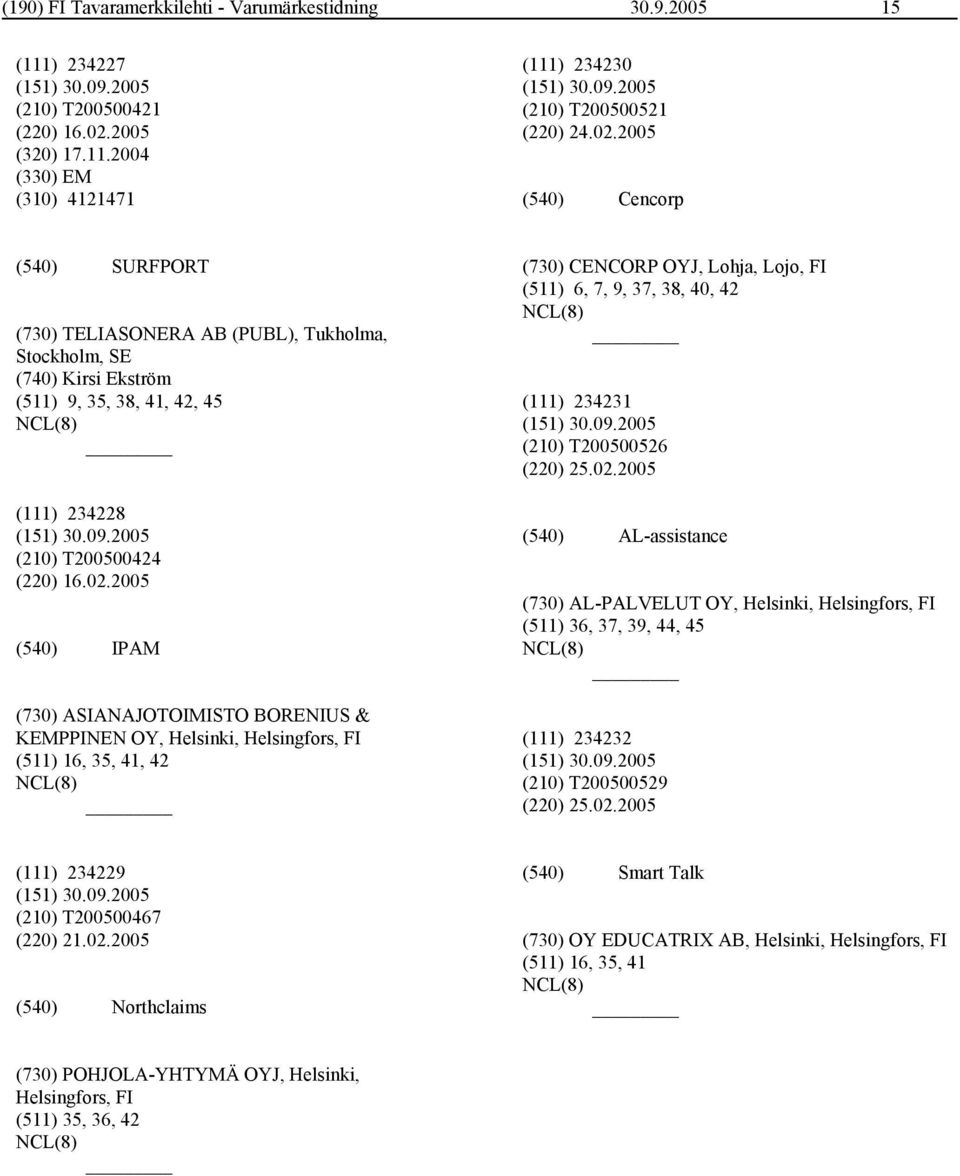 2005 Cencorp SURFPORT (730) TELIASONERA AB (PUBL), Tukholma, Stockholm, SE (740) Kirsi Ekström (511) 9, 35, 38, 41, 42, 45 (111) 234228 (210) T200500424 (220) 16.02.