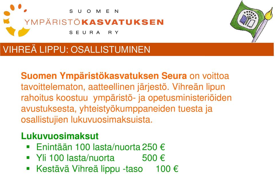 Vihreän lipun rahoitus koostuu ympäristö- ja opetusministeriöiden avustuksesta,