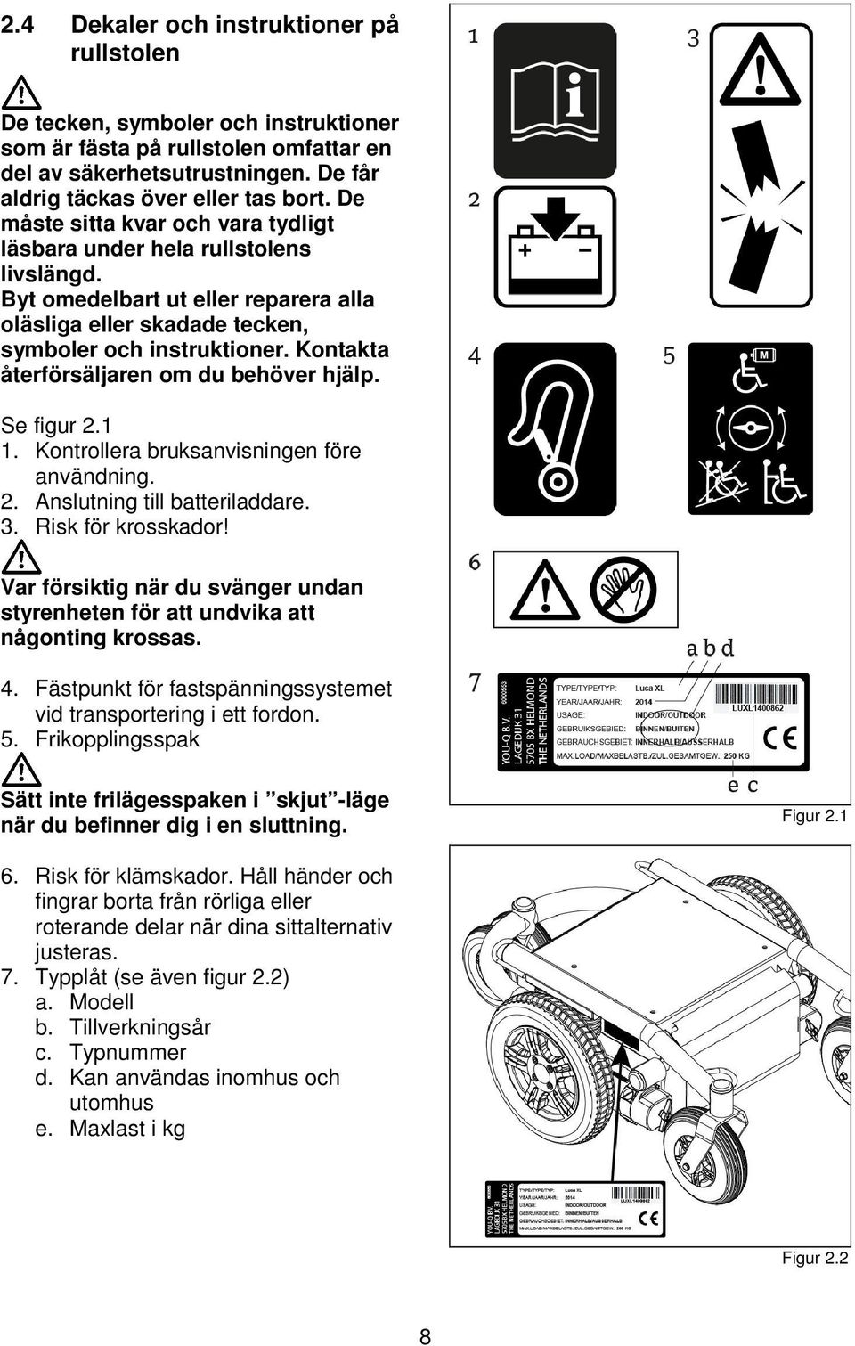 Kontakta återförsäljaren om du behöver hjälp. Se figur 2.1 1. Kontrollera bruksanvisningen före användning. 2. Anslutning till batteriladdare. 3. Risk för krosskador!