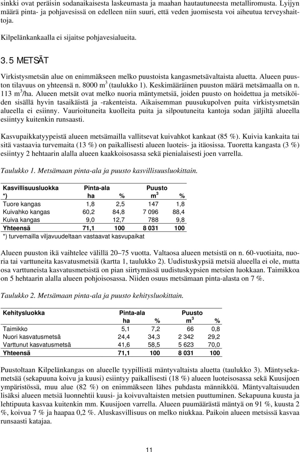 5 METSÄT Virkistysmetsän alue on enimmäkseen melko puustoista kangasmetsävaltaista aluetta. Alueen puuston tilavuus on yhteensä n. 8000 m 3 (taulukko 1). Keskimääräinen puuston määrä metsämaalla on n.