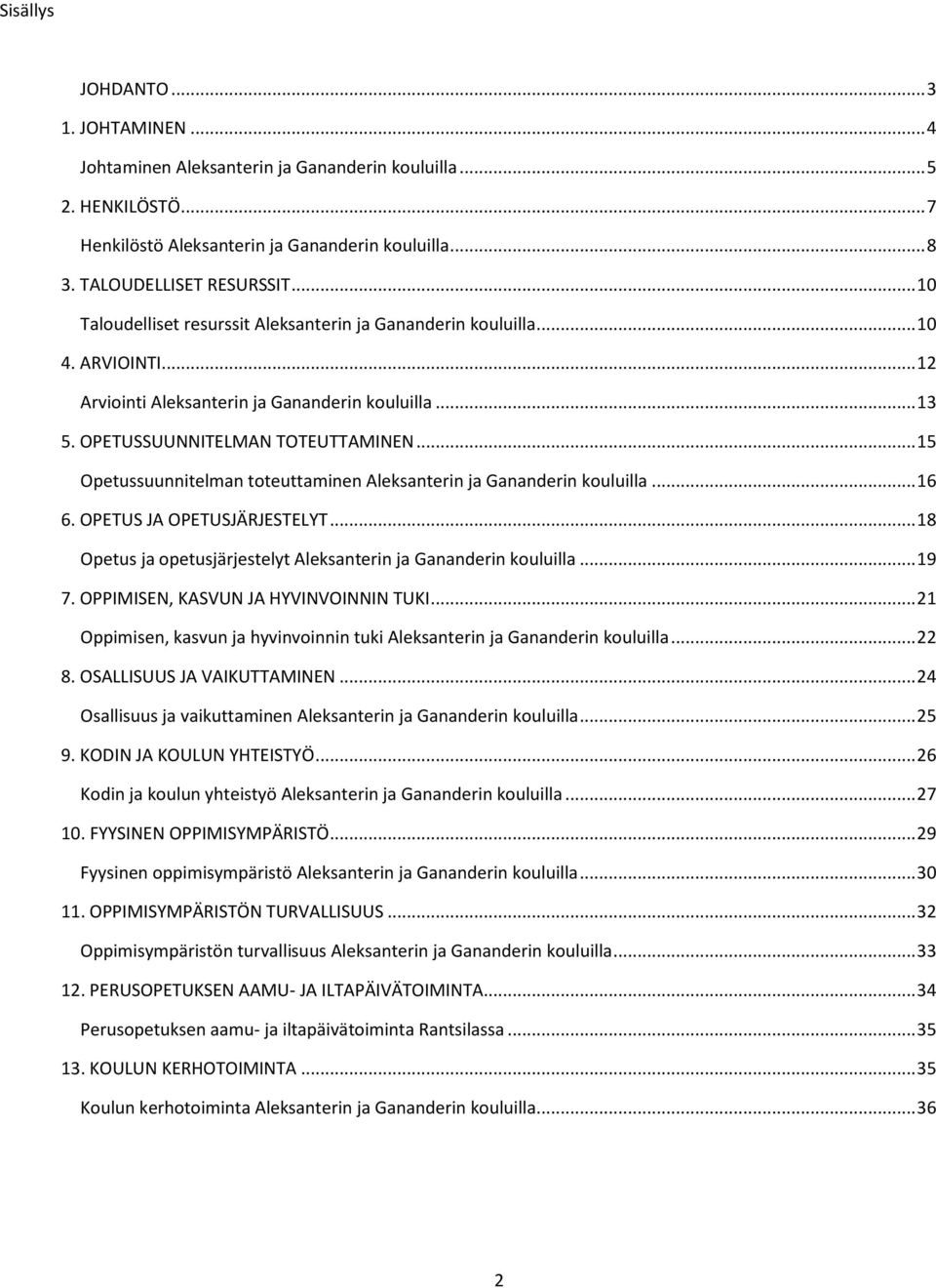 .. 15 Opetussuunnitelman toteuttaminen Aleksanterin ja Gananderin kouluilla... 16 6. OPETUS JA OPETUSJÄRJESTELYT... 18 Opetus ja opetusjärjestelyt Aleksanterin ja Gananderin kouluilla... 19 7.