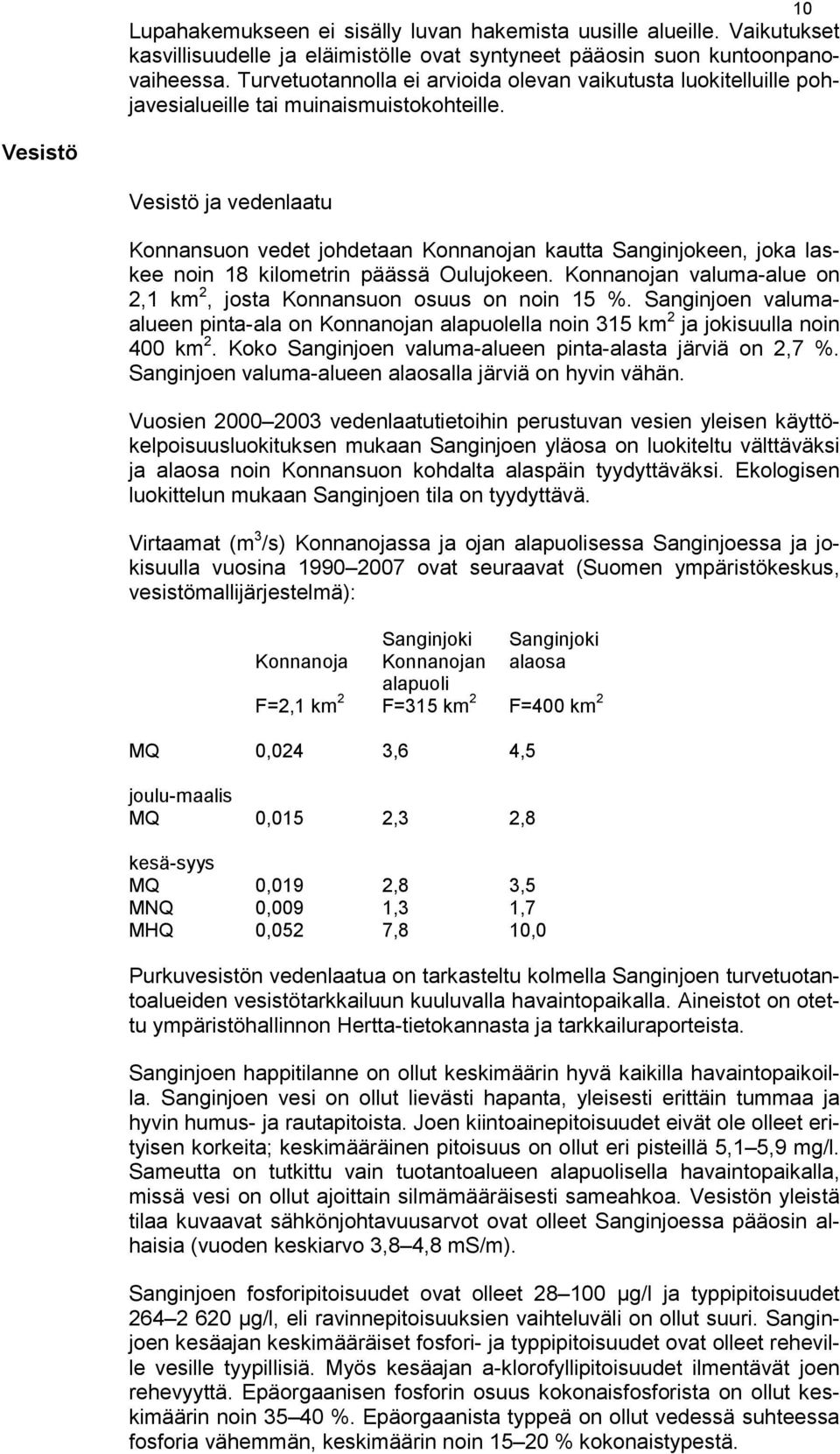 Vesistö Vesistö ja vedenlaatu Konnansuon vedet johdetaan Konnanojan kautta Sanginjokeen, joka laskee noin 18 kilometrin päässä Oulujokeen.