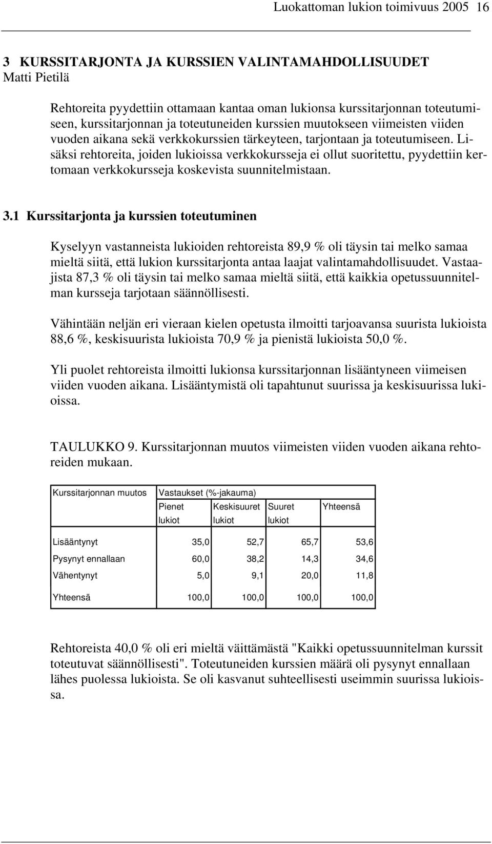 Lisäksi rehtoreita, joiden lukioissa verkkokursseja ei ollut suoritettu, pyydettiin kertomaan verkkokursseja koskevista suunnitelmistaan. 3.