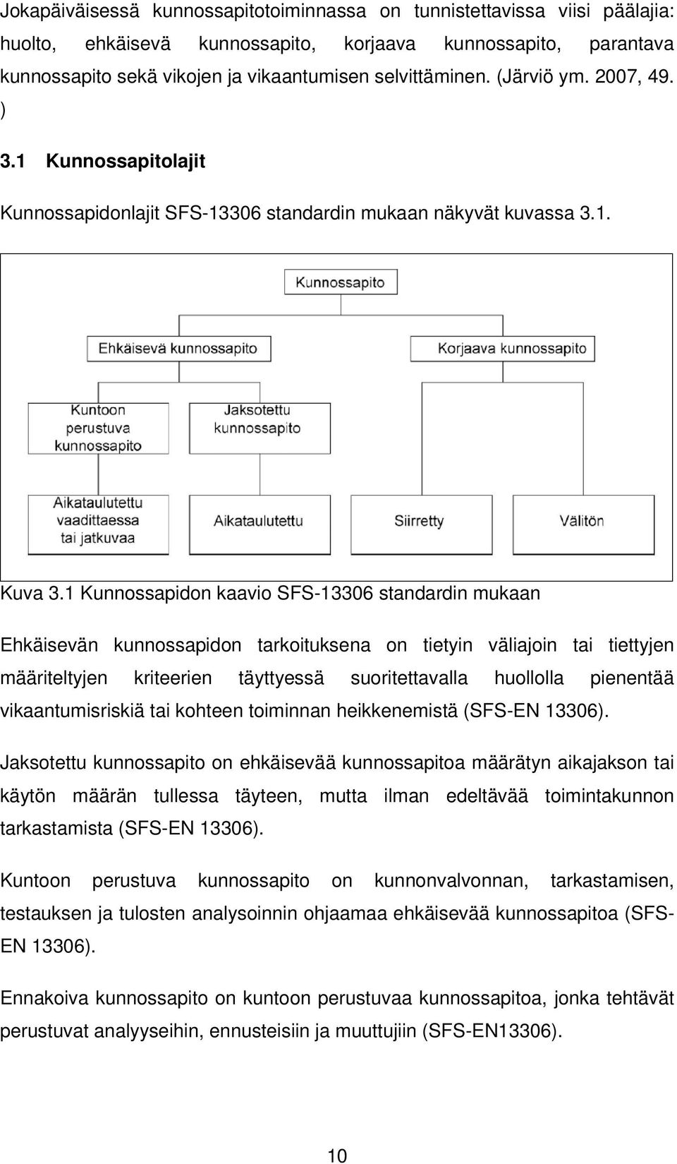 1 Kunnossapidon kaavio SFS-13306 standardin mukaan Ehkäisevän kunnossapidon tarkoituksena on tietyin väliajoin tai tiettyjen määriteltyjen kriteerien täyttyessä suoritettavalla huollolla pienentää