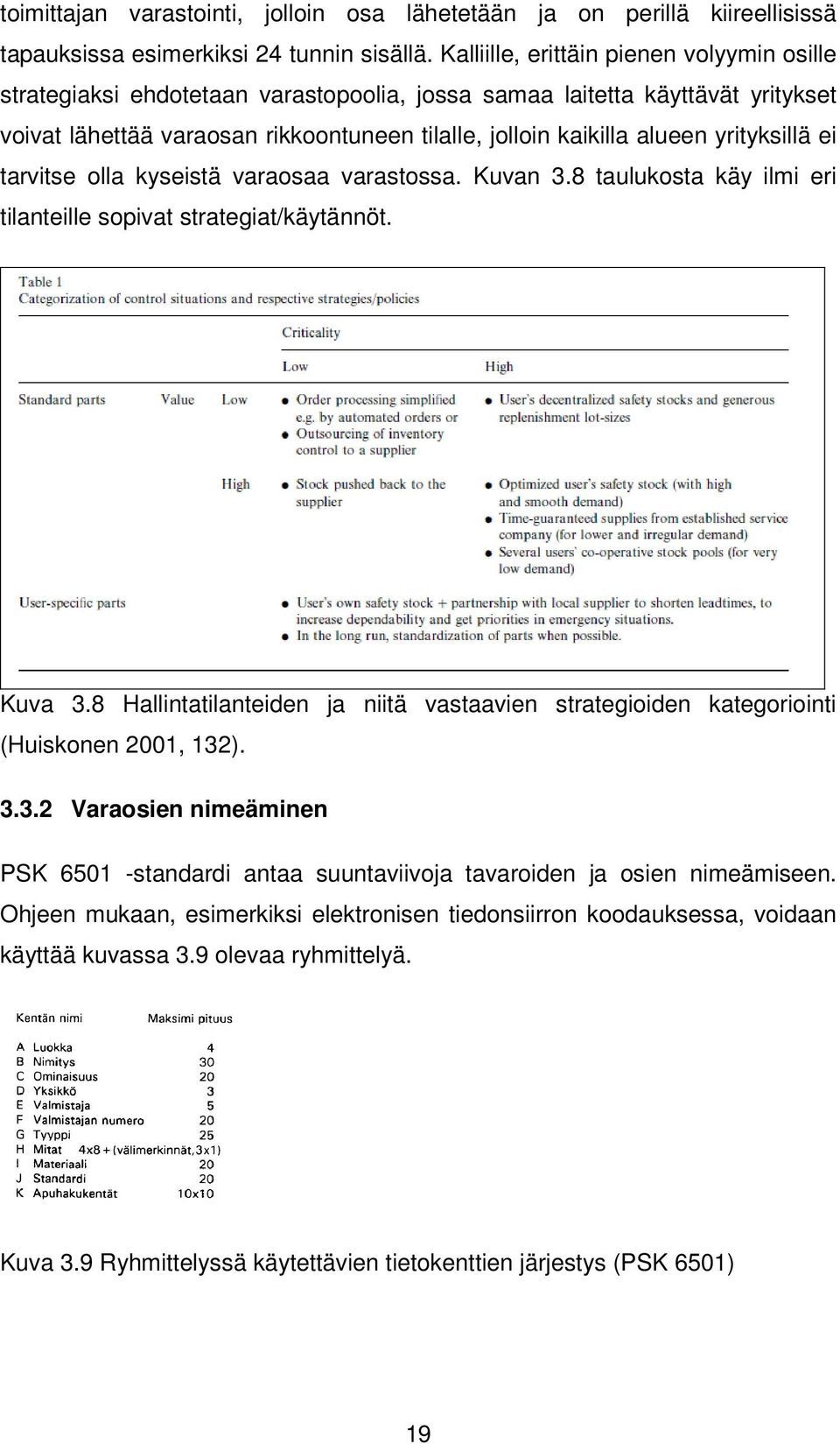 yrityksillä ei tarvitse olla kyseistä varaosaa varastossa. Kuvan 3.8 taulukosta käy ilmi eri tilanteille sopivat strategiat/käytännöt. Kuva 3.