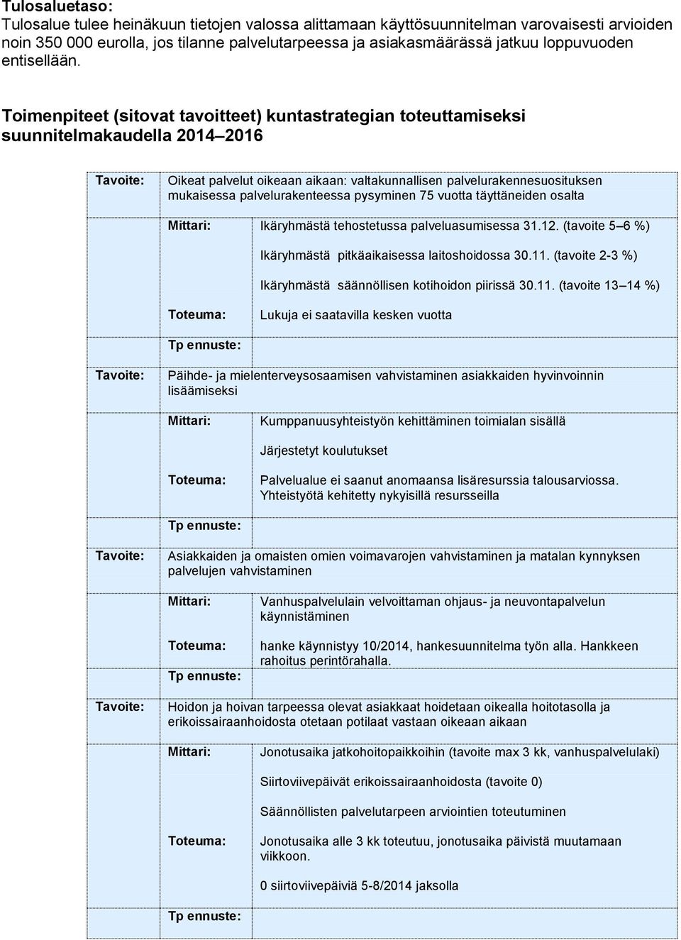 Toimenpiteet (sitovat tavoitteet) kuntastrategian toteuttamiseksi suunnitelmakaudella 2016 Oikeat palvelut oikeaan aikaan: valtakunnallisen palvelurakennesuosituksen mukaisessa palvelurakenteessa