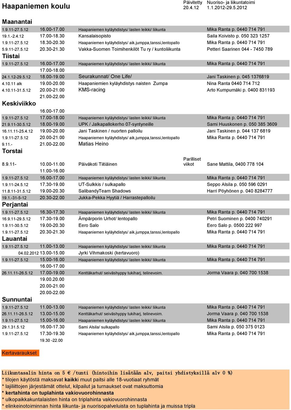 30 Vakka-Suomen Toimihenkilöt Tu ry / kuntoliikunta Petteri Saarinen 044-7450 789 1.9.11-27.5.12 Haapaniemen kyläyhdistys/ lasten leikki/ liikunta Mika Ranta p. 0440 714 791 24.1.12-29.5.12 Seurakunnat/ One Life/ Jani Taskinen p.