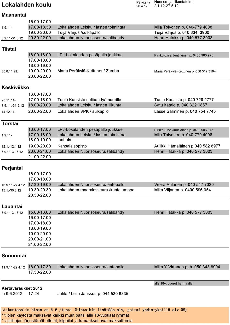 00-22.00 23.11.11- Tuula Kuusisto salibandyä nuorille Tuula Kuusisto p. 040 729 2777 7.9.11.-31.5.12 18.00-20.00 Lokalahden Leisku / lasten liikunta Satu Itätalo p. 040 322 6857 14.12.11-20.00-22.00 Lokalahden VPK / sulkapllo Lasse Salminen p.