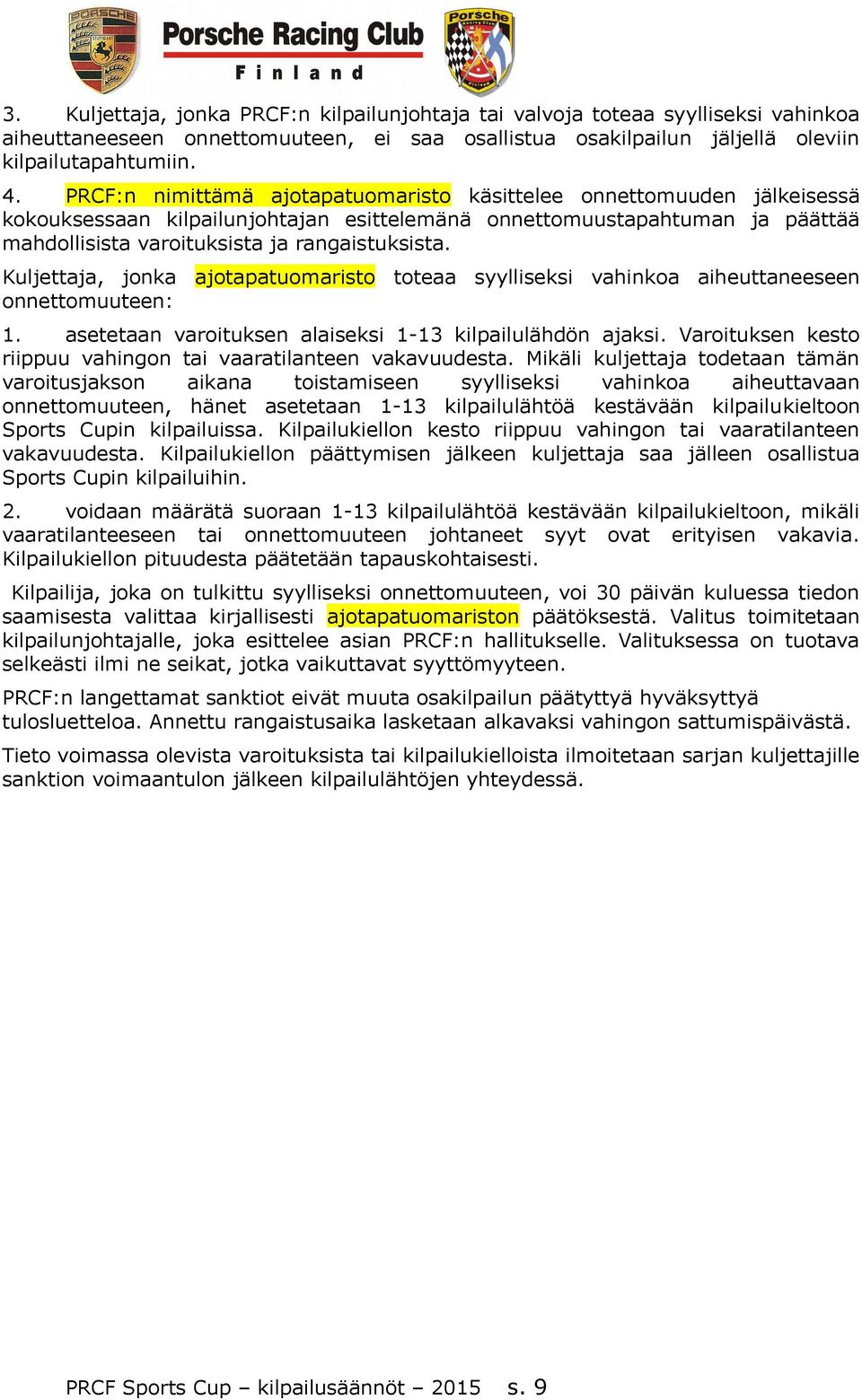 Kuljettaja, jonka ajotapatuomaristo toteaa syylliseksi vahinkoa aiheuttaneeseen onnettomuuteen: 1. asetetaan varoituksen alaiseksi 1-13 kilpailulähdön ajaksi.