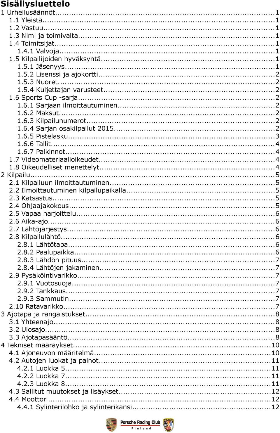 ..3 1.6.6 Tallit...4 1.6.7 Palkinnot...4 1.7 Videomateriaalioikeudet...4 1.8 Oikeudelliset menettelyt...4 2 Kilpailu...5 2.1 Kilpailuun ilmoittautuminen...5 2.2 Ilmoittautuminen kilpailupaikalla...5 2.3 Katsastus.