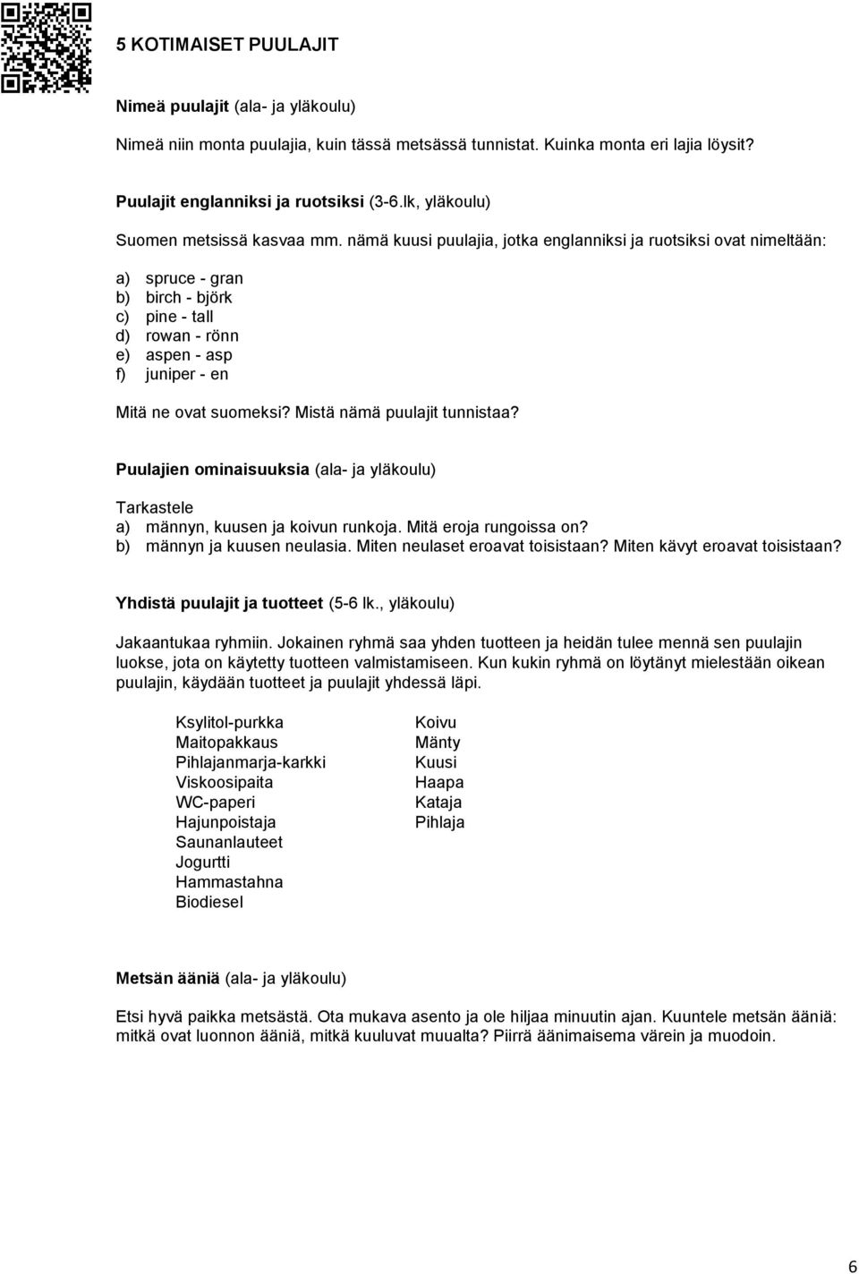 nämä kuusi puulajia, jotka englanniksi ja ruotsiksi ovat nimeltään: a) spruce - gran b) birch - björk c) pine - tall d) rowan - rönn e) aspen - asp f) juniper - en Mitä ne ovat suomeksi?