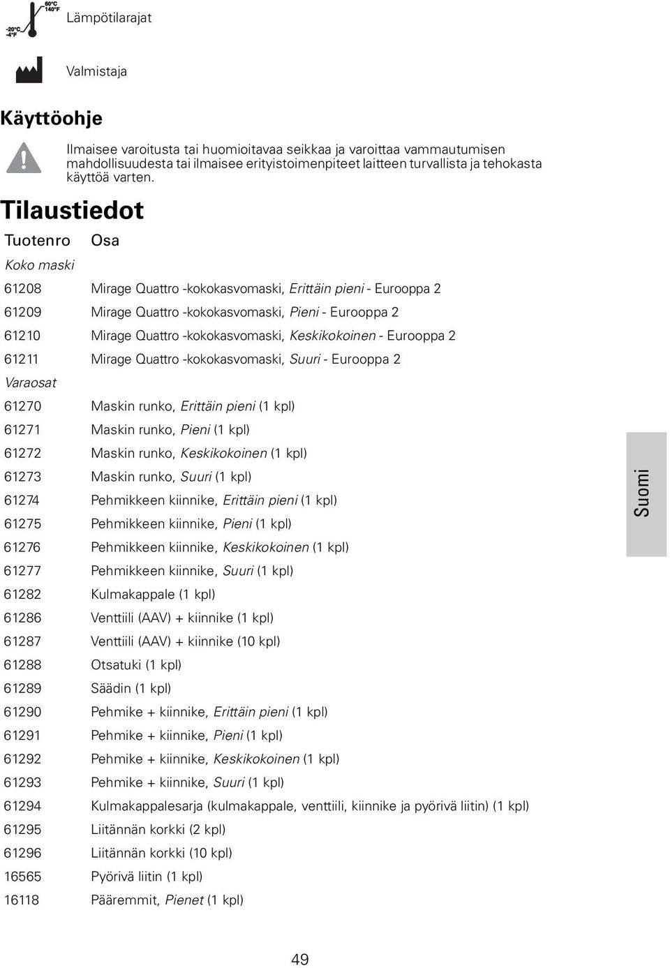 Tilaustiedot Tuotenro Osa Koko maski 61208 Mirage Quattro -kokokasvomaski, Erittäin pieni - Eurooppa 2 61209 Mirage Quattro -kokokasvomaski, Pieni - Eurooppa 2 61210 Mirage Quattro -kokokasvomaski,