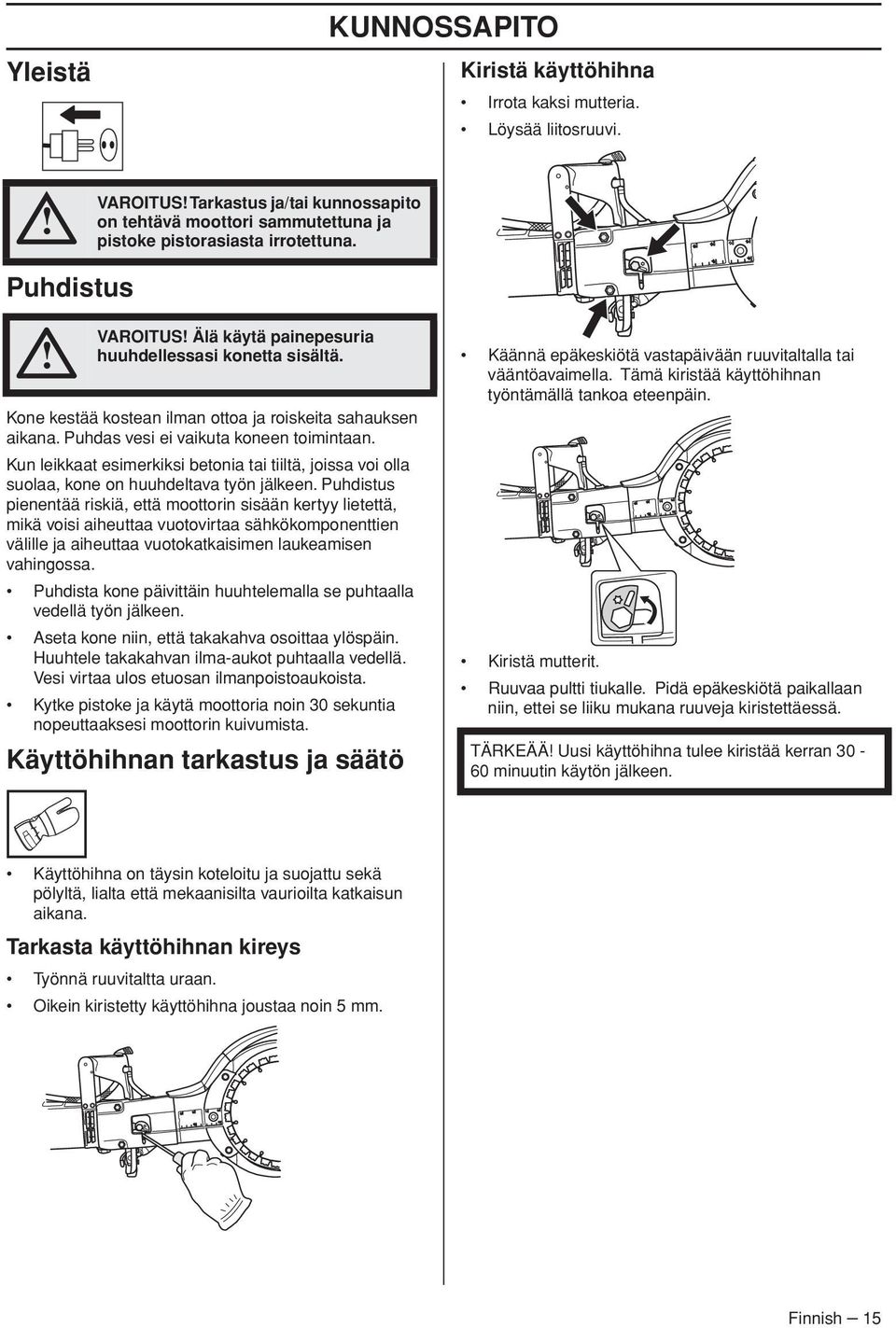 Kun leikkaat esimerkiksi betonia tai tiiltä, joissa voi olla suolaa, kone on huuhdeltava työn jälkeen.