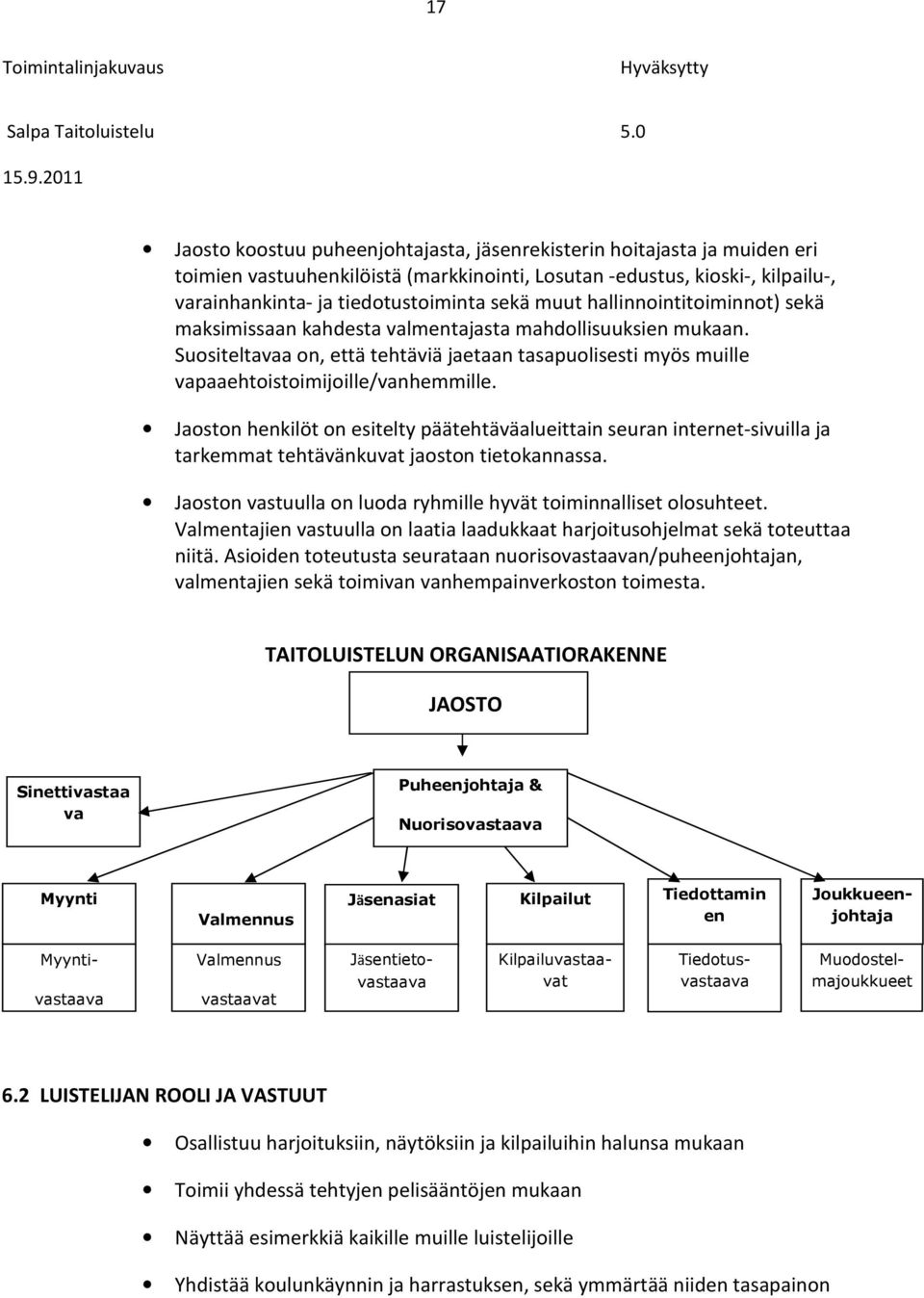 Jaoston henkilöt on esitelty päätehtäväalueittain seuran internet-sivuilla ja tarkemmat tehtävänkuvat jaoston tietokannassa. Jaoston vastuulla on luoda ryhmille hyvät toiminnalliset olosuhteet.