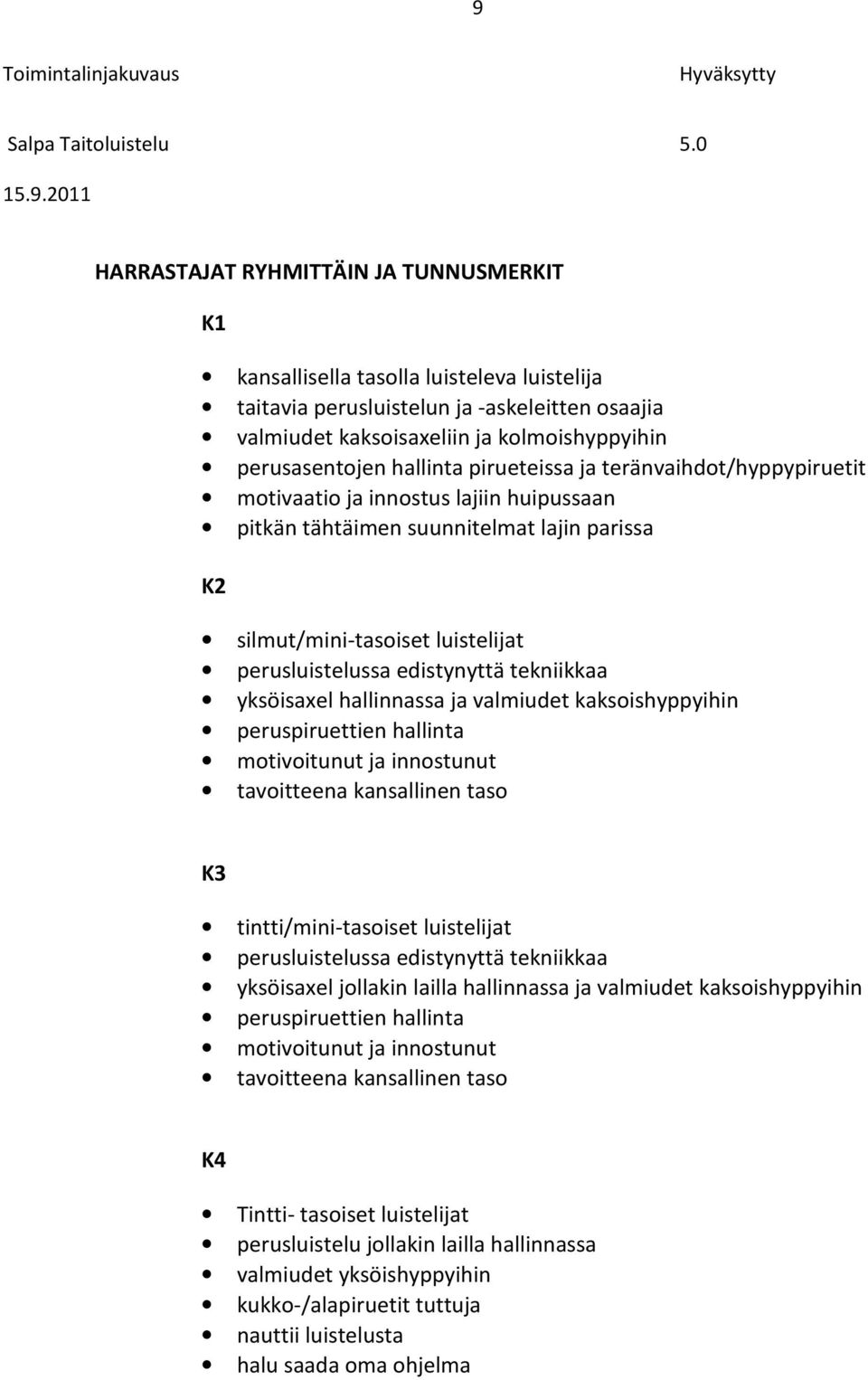 edistynyttä tekniikkaa yksöisaxel hallinnassa ja valmiudet kaksoishyppyihin peruspiruettien hallinta motivoitunut ja innostunut tavoitteena kansallinen taso K3 tintti/mini-tasoiset luistelijat