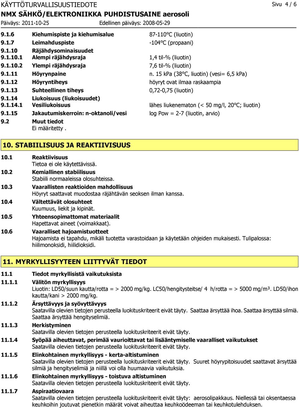 1.14 Liukoisuus (liukoisuudet) 9.1.14.1 Vesiliukoisuus lähes liukenematon (< 50 mg/l, 20 C; liuotin) 9.1.15 Jakautumiskerroin: n-oktanoli/vesi log Pow = 2-7 (liuotin, arvio) 9.