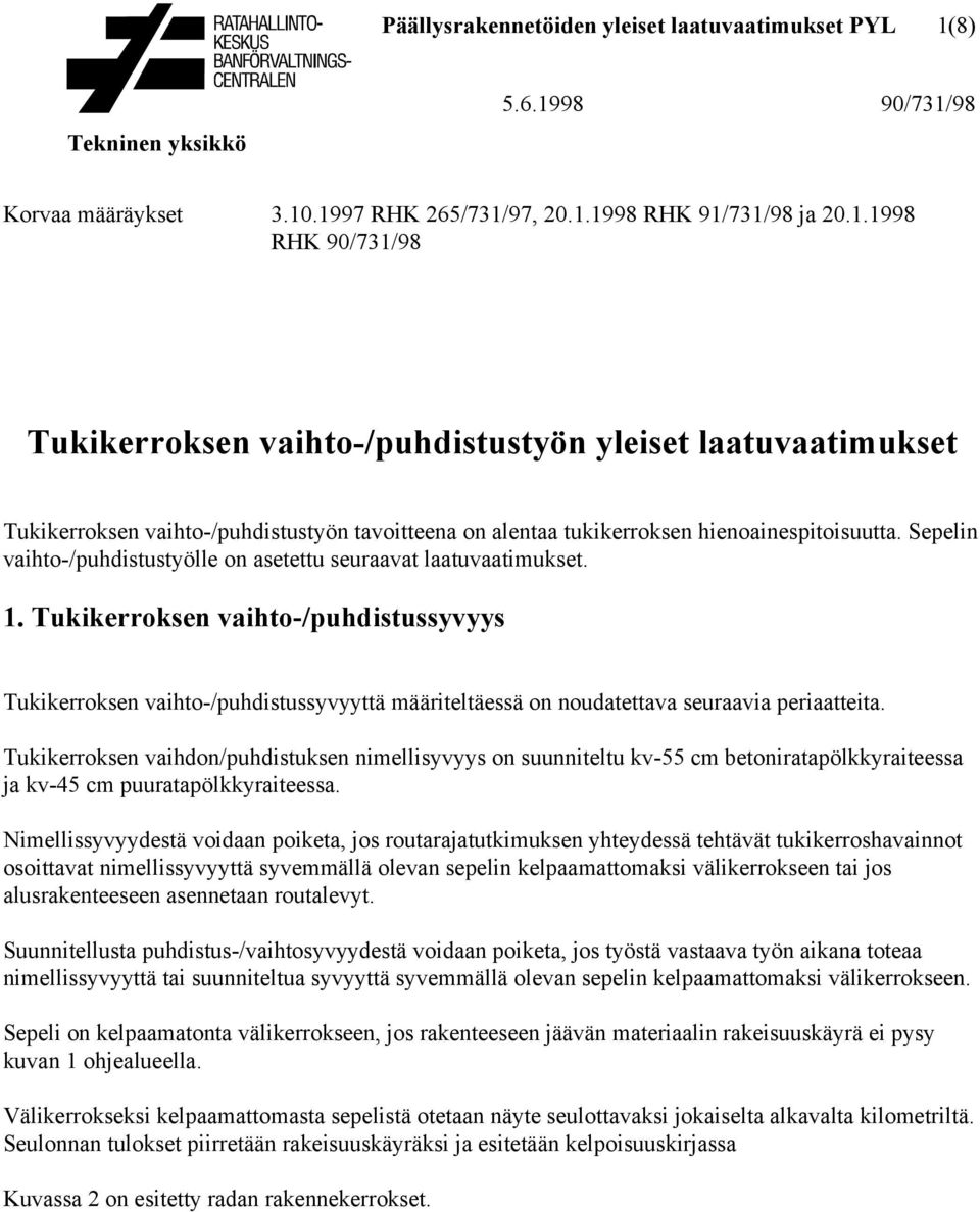 98 90/731/98 Korvaa määräykset 3.10.1997 RHK 265/731/97, 20.1.1998 RHK 91/731/98 ja 20.1.1998 RHK 90/731/98 Tukikerroksen vaihto-/puhdistustyön yleiset laatuvaatimukset Tukikerroksen vaihto-/puhdistustyön tavoitteena on alentaa tukikerroksen hienoainespitoisuutta.