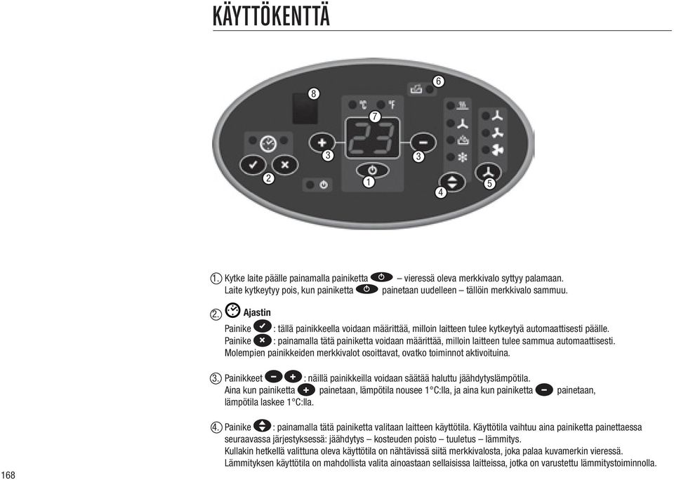 Painike : painamalla tätä painiketta voidaan määrittää, milloin laitteen tulee sammua automaattisesti. Molempien painikkeiden merkkivalot osoittavat, ovatko toiminnot aktivoituina. 3.